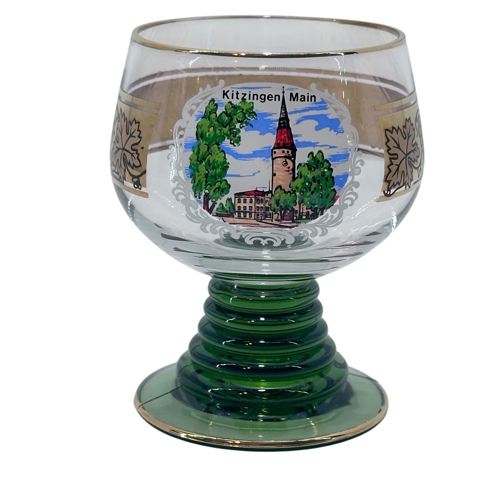 Kitzingen Main Souvenir Cordial Glass Green Ribbed Stem Gold Trim Grape Vine